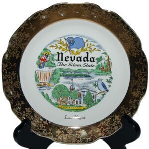 CREST-O-GOLD WARRANTED 22K LAS VEGAS NEVADA SOUVENIR PLATE THE SILVER STATE USA